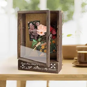Rustic Dark Brown Memory Box with Drawers & Removable Shelves - Large 11x16 Shadow Box Frame for Mother's Day & Birthday Gifts Decor Photo