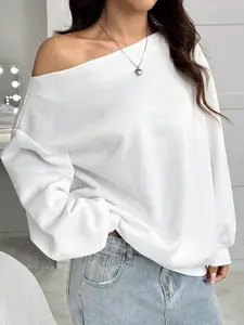 Women's Long Sleeve Asymmetrical Shoulder Casual Solid Sweatshirt, Irregular Neckline Design, Fall Winter Comfortable Loose Fit Top