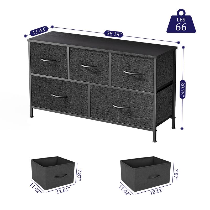 EDX 5 Drawer Dresser with Wide Chest of Drawers, Non-Woven Fabric, Steel Frame & Wood Top, Compact Design for Living Room, Bedroom, Hallway