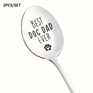 2pcs Stainless Steel Engraved Spoon Best Dog Dad Ever Gift For Dog Lovers Men And Fathers Perfect For Birthdays Christmas And Halloween 1 Piece Mirror Polished Tableware