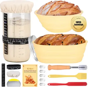 Complete Sourdough Bread Kit - 11-Piece Set with Fermentation Basket, 34-Oz Tank, Scraper, Spatula, Trimmers, Thermometer Strap & Baking Guide for Beginners & Pros