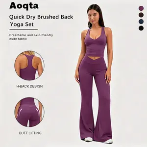 Aoqta Women's 2-Piece Sports Casual Set - Sexy Backless Sleeveless V-Neck Racerback Cropped Camisole Top, Cross High-Waisted Tummy-Control Butt-Lifting Flared Long Pants, Ideal for Yoga, Workouts, Everyday Wear