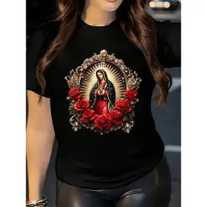 Women's Printed Round Neck Short Sleeve Casual TShirt Featuring Virgin Mary Praying Among Roses Ideal Gift for Sisters and Wives