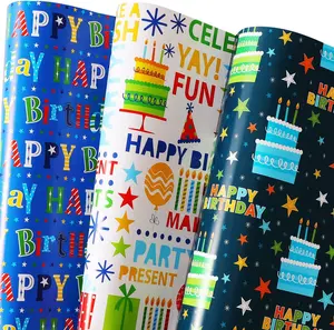 Birthday Wrapping Paper -  Wrapping Paper for Boys Girls  Men Women with Happy Birthday, Cakes, 6 Large Sheets  Wrap for  Shower, Folded Flat, 27 X 37 Inch