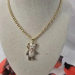 Cuban Link Chain Necklace 18” with Teddy Bear Pendant Gold Plated 14K