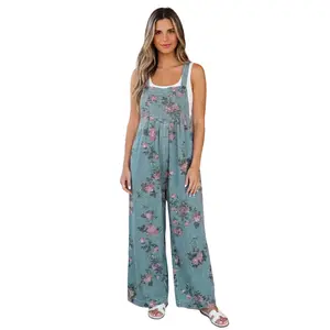 Women's Beau Blue Vintage Sleeveless Floral Print Pleated High-Waist Wide-Leg Denim Jumpsuit - Adjustable Strap Style, Breathable Cotton-Polyester Overalls for Outdoor Fun