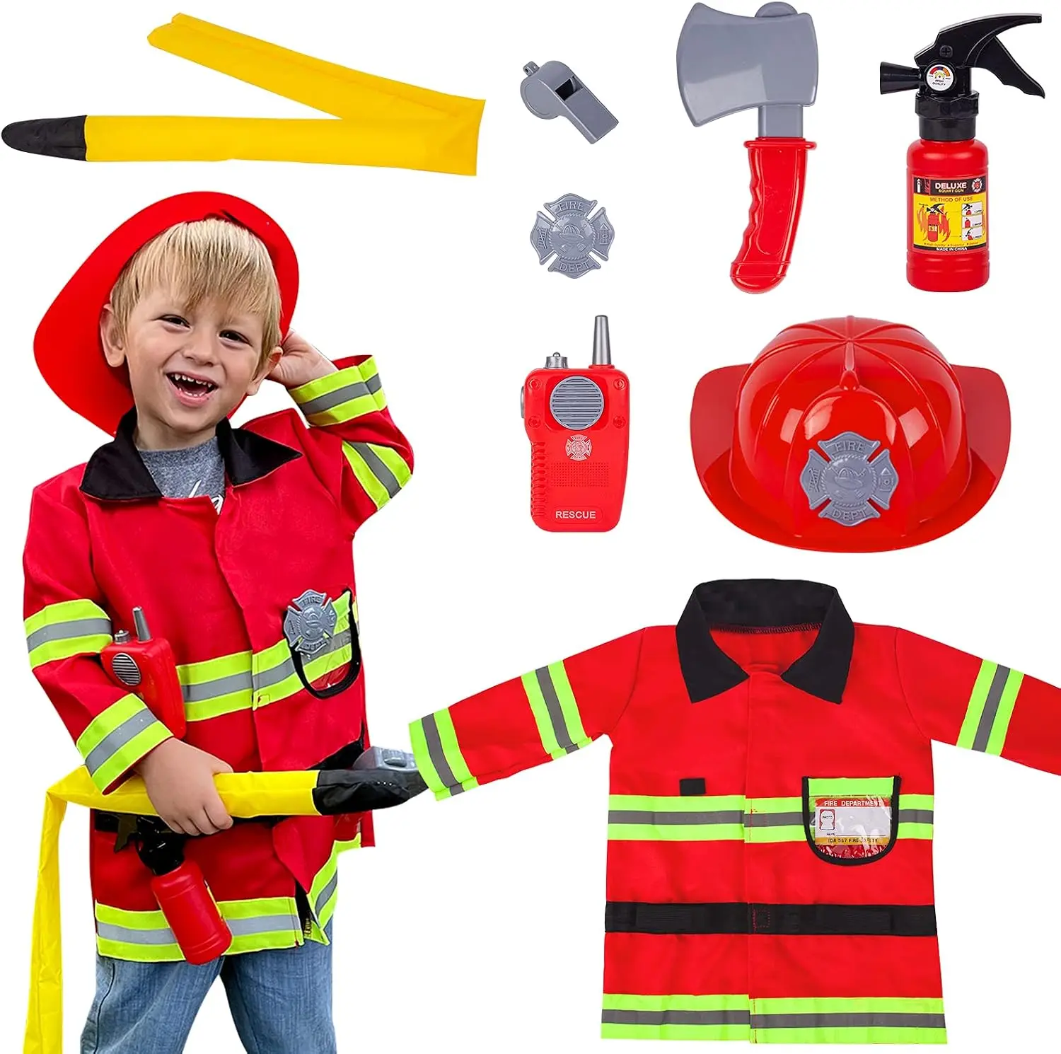 irefighter Costume for Kids Ages 3-7, Fireman Boys & Girls Set | Includes washable coat, hat, toy fire extinguisher & axe for ages 3-7, ideal for career day, fire chief pretend play & gifts