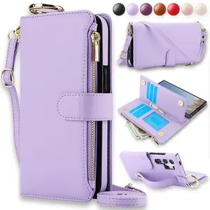 Multi-functional Phone Case with Card Slots, 1 Set Zipper Flip PU Faux Leather Case with Lanyard, Mobile Phone Case for Samsung S21/S22
