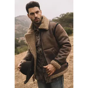 Men's Washed Suede Brown Jacket w/ Faux Shearling-lined