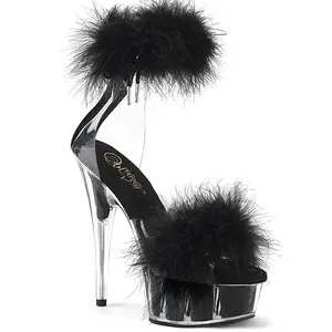 Pleaser Delight-624F Women's Platform High Heel Sandals - Clear/Black Lace-Decorated Shoes with Fur Accents, Decor