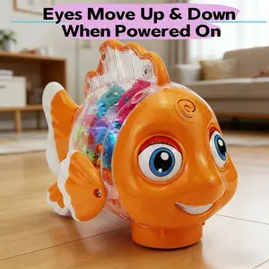 Cartoon Transparent Gear Fish Electric Toy for Toddlers | 360° Omnidirectional Wheels, Musical Light Up, Music & Lights | Interactive Walking Toy Gift to Train Head Lifting & Tracking Skills |  Boys & Girls