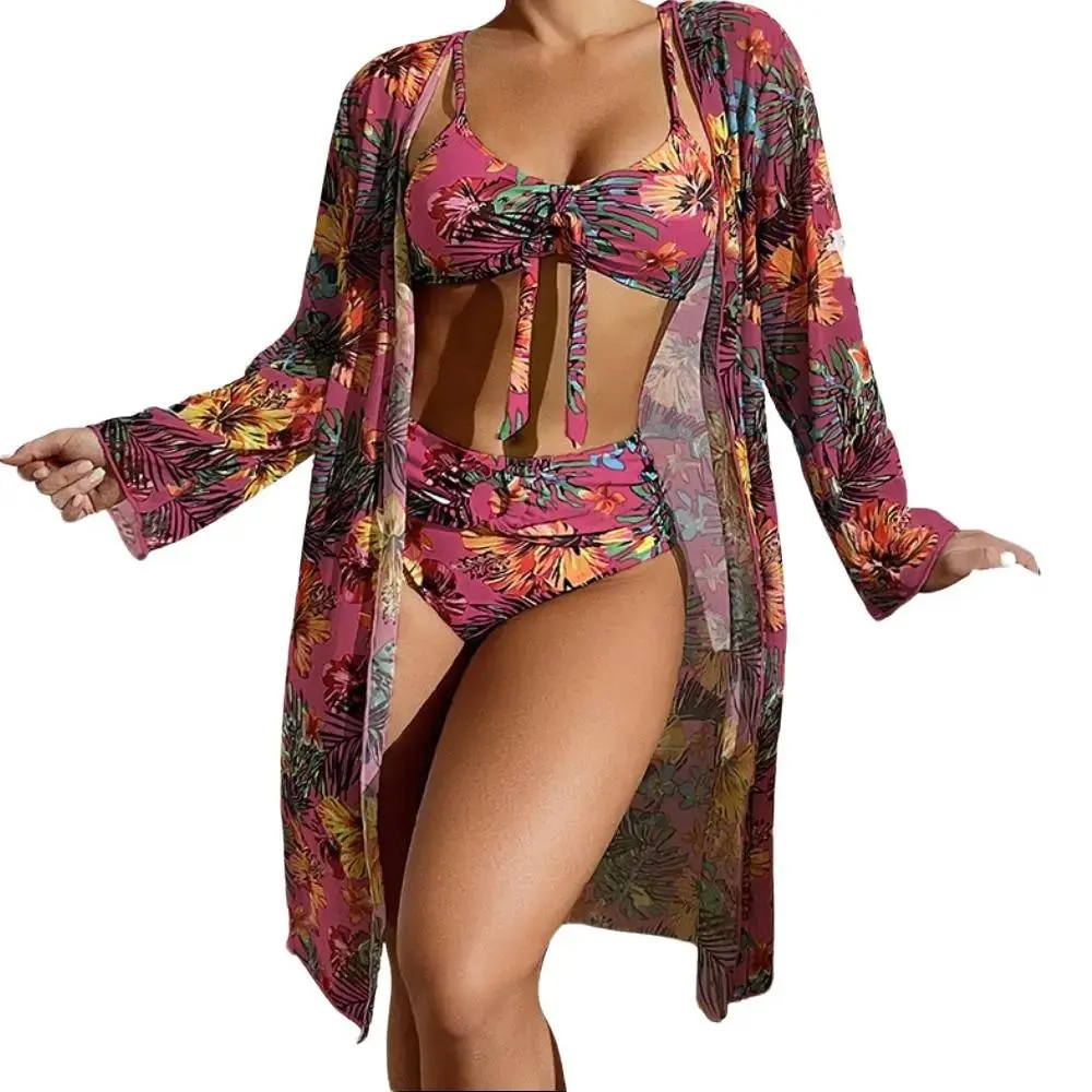 Women's 3-Piece Swimsuit Bikini Set with Padded Top, Matching Bottoms & Chic Mesh Cover-Up - Comfortable Polyester for All-Day Wear - Gift For Her