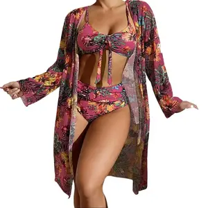 Women's 3-Piece Swimsuit Bikini Set with Padded Top, Matching Bottoms & Chic Mesh Cover-Up - Comfortable Polyester for All-Day Wear - Gift For Her