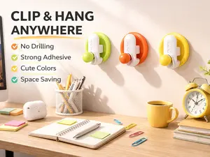 3 Cute Colorful Wall Clip Hooks – No Drill Adhesive Holder for Towels, Notes, Keys & Lightweight Items