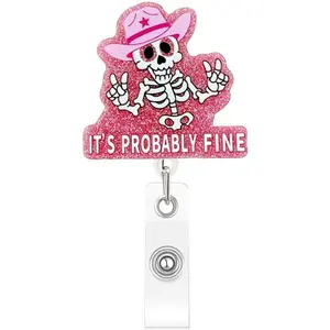 Cute Badge Holder Badge ID Retractable Badge Reel with 360?Claw Clip for ID Card Holders- with Cowboy Skeleton Halloween Decor