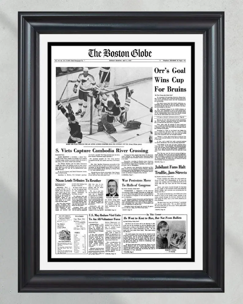 1970 Boston Bruins Stanley Cup Champions Unframed Poster - Bobby Orr 'The Goal' Era Front Page Newspaper Print - Vintage Hockey History Art