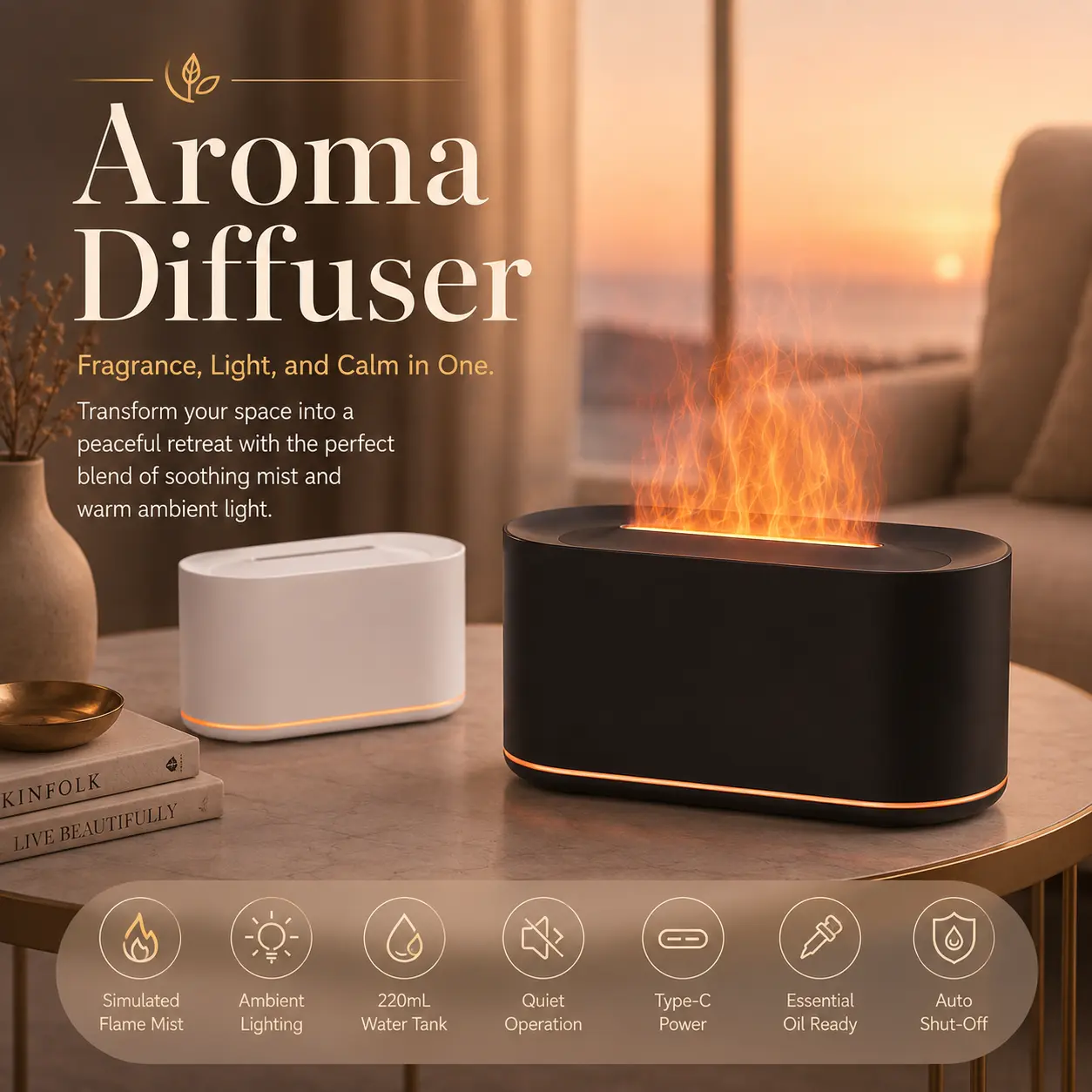 Aroma Mist Diffuser with Color LED Light, Compact USB Cool Mist Humidifier for Bedroom, Office, Desktop, Nightstand and Indoor Use