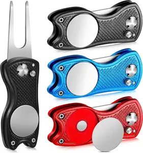 3 Pcs Golf Divot Repair Tool Stainless Steel Foldable Magnetic Golf Ball Marker Repair Tool with Pop up Button Portable(Black, Red, Blue,3 Pieces)