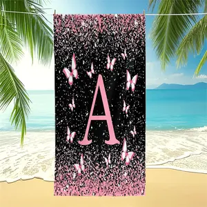 Personalized 26 Initial Butterfly Pattern Beach Towel, Black & Pink Gradient Digital Print with Pink Butterflies & 26 Letter, Microfiber Towel for Girls Teens Summer Beach Pool, Cute Aesthetic Vacation Towel for Travel Camping.