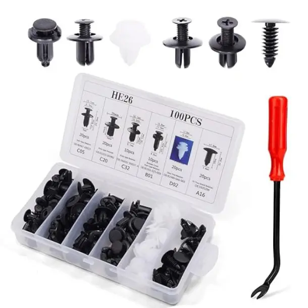 101-Piece Universal Car Body Clips Kit, Durable Nylon Push-Type Fasteners in 6 Sizes for Fenders and Door Trim Panels with Remover Tool