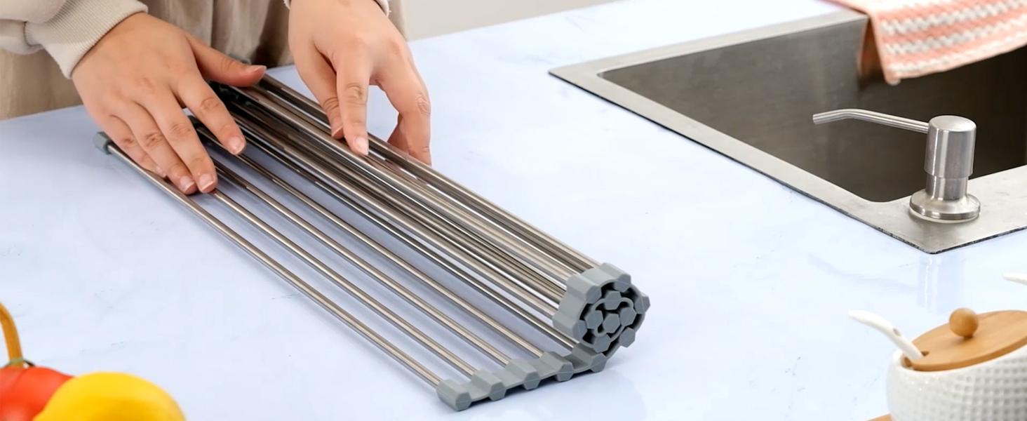 Seropy Roll Up Dish Drying Rack, Over The Sink Dish Drying Rack Kitchen Rolling Dish Drainer, Foldable Sink Rack Mat Stainless Steel Wire Dish Drying Rack for Kitchen Sink Counter Storage 17.5x11.8