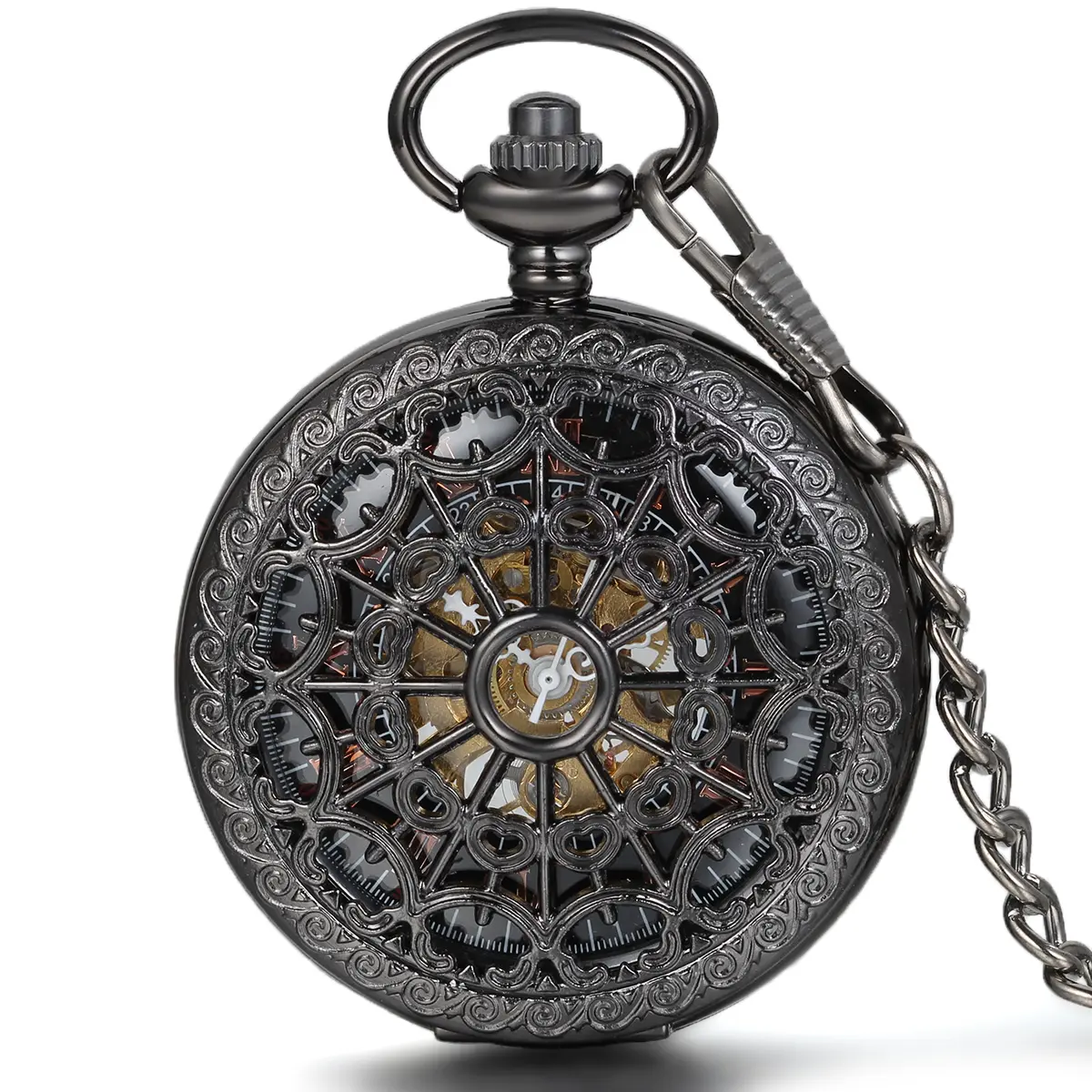 OIDEA Men's Gothic Spiderweb Skeleton Pocket Watch, Hand-Wound Mechanical Movement, Decorative Alloy Fob with 14-Inch Chain, Gothic Wear, See-Through Dial, Skeleton Engrave, Decorative Engraved Pocket & Fob Watches, Fob Chain