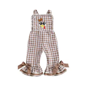 Kids Girls Overalls, Plaid Embroidery Turkey Flare Pants Thanksgiving Clothes for Casual Daily