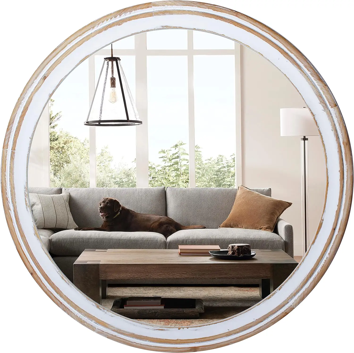 Rustic Round Mirrors for Wall Decor,  32" Farmhouse Wooden Circle Mirror for Bathroom Over Sink, Distressed Decorative Mirrors for Entryway, Living Room, Retro Vanity Hanging Mirror vintage mirror