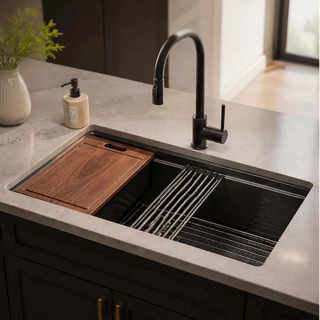 ARCH 33-Inch Gunmetal Black Undermount Workstation Kitchen Sink, 16 Gauge Stainless Steel Single Deep Bowl (10-Inch Deep, R10 Wipe-Clean Radius), Handmade, 3.5" Drain Ready, Bottom Rinse Grid, Fast Drainage, Easy to Clean & Quiet, with Accessories