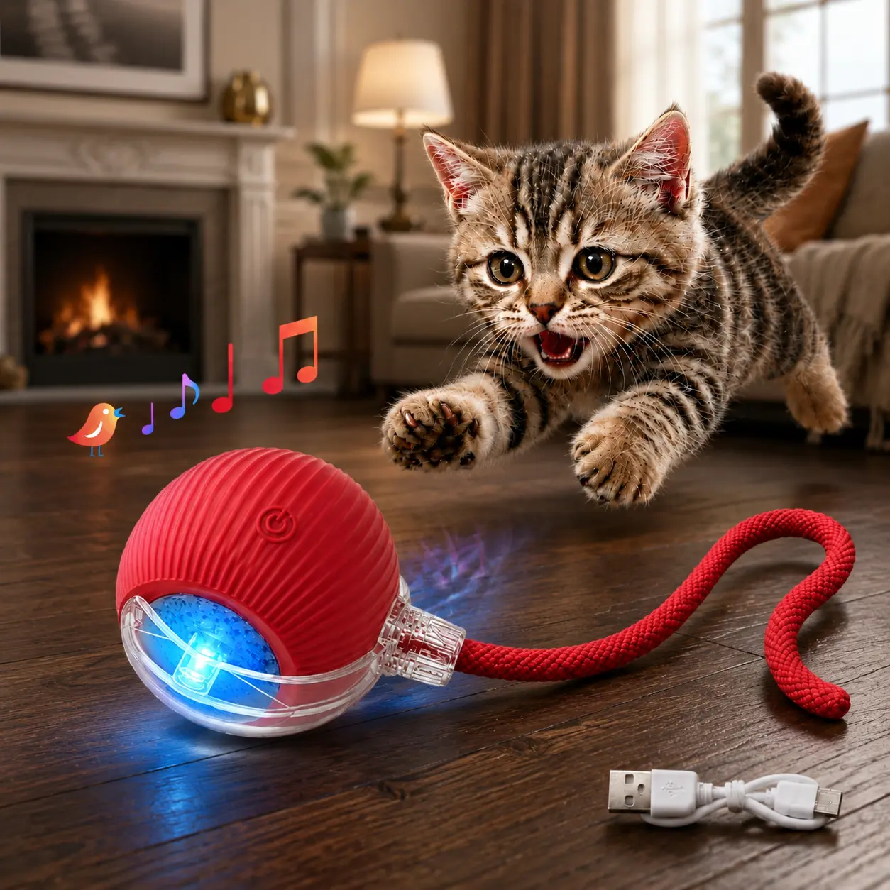 Cat & Dog Toy Ball with Bird Chirping Sound & WaggingTail, Smart Wake-Up, LED Light, USB Rechargeable, Safe Food-Grade Silicone, Indoor Play for Kittens & Adult Cats, Relieves Cat Depression, Ideal Gift for Cats tail cat toy durable