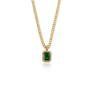 Ettika Emerald Stone Pendant Link Necklace in Gold Tone Plated Steel with Alexandrite Stone for Adults 16" Length with 5" Extender