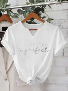 Women's V Neck Short Sleeve T-Shirt, Letter Print, Small Open Collar Design, Breathable Comfort, Spring Summer Wear
