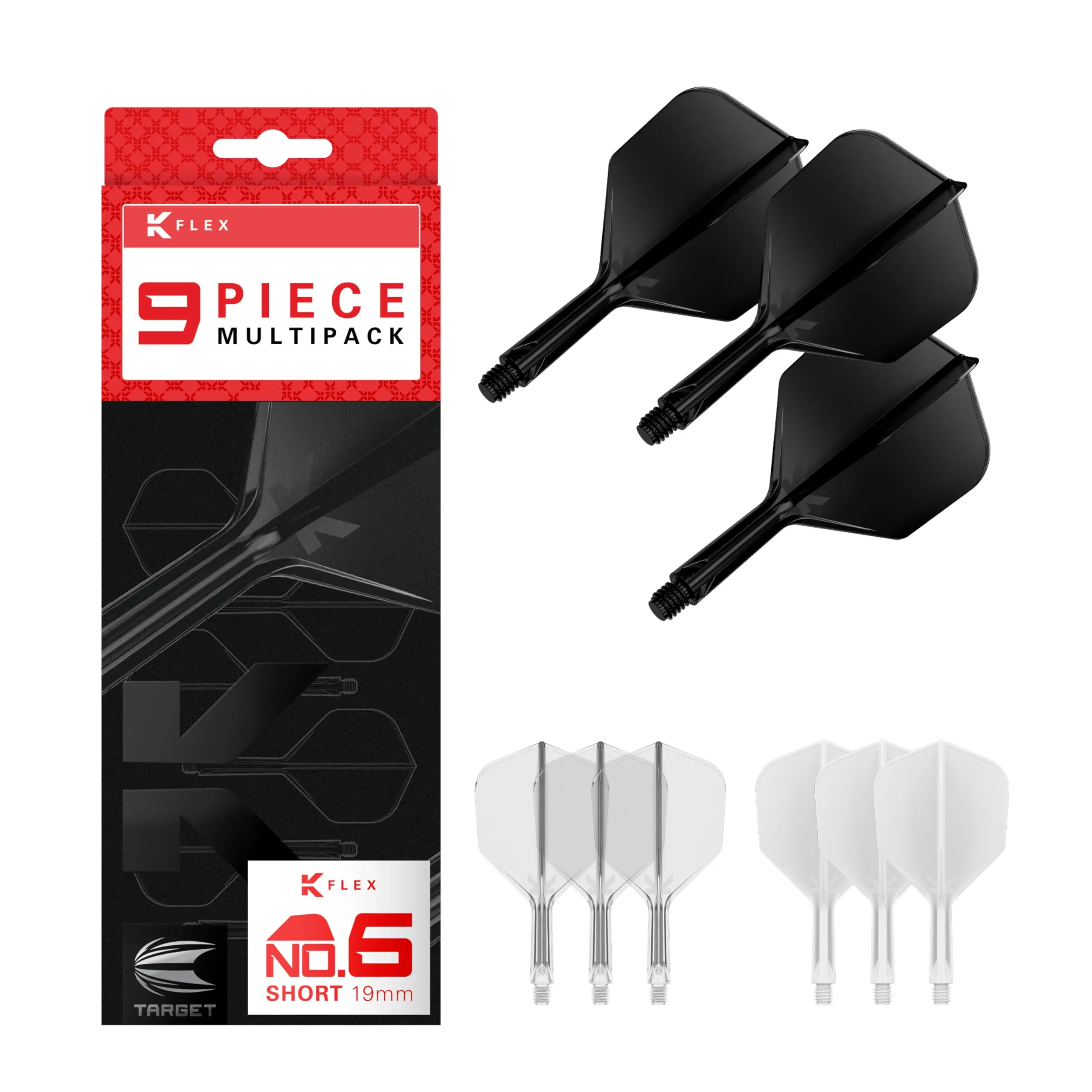 Target Darts K-Flex Integrated Dart Flights and Shafts, No.6, Kflex 9 Pack Bundle, K Flex 3 Colours | Black, White, Clear, Red, Green, Blue, Pink, Orange, Yellow | Short, Intermediate, Medium