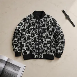 Men's Black Floral Print Long Sleeve Bomber Jacket - Classic Menswear Top, Casual Streetwear Zip-Up Ribbed Coat, Lightweight Stylish Fabric Outerwear for Spring, Fall, Vintage Leopard Fleece (Everyday, Night Out Use) Buffalo Plaid Sherpa Suede Lapel