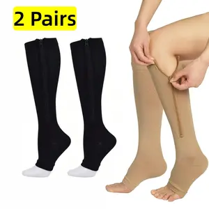 2Pairs Open-Toe Compression Socks,Easy to Wear,Zipper,Nylon Fabric,Graduated Pressure,Relieve Leg Fatigue,Reduce Swelling,for Sports,Yoga,Daily Use