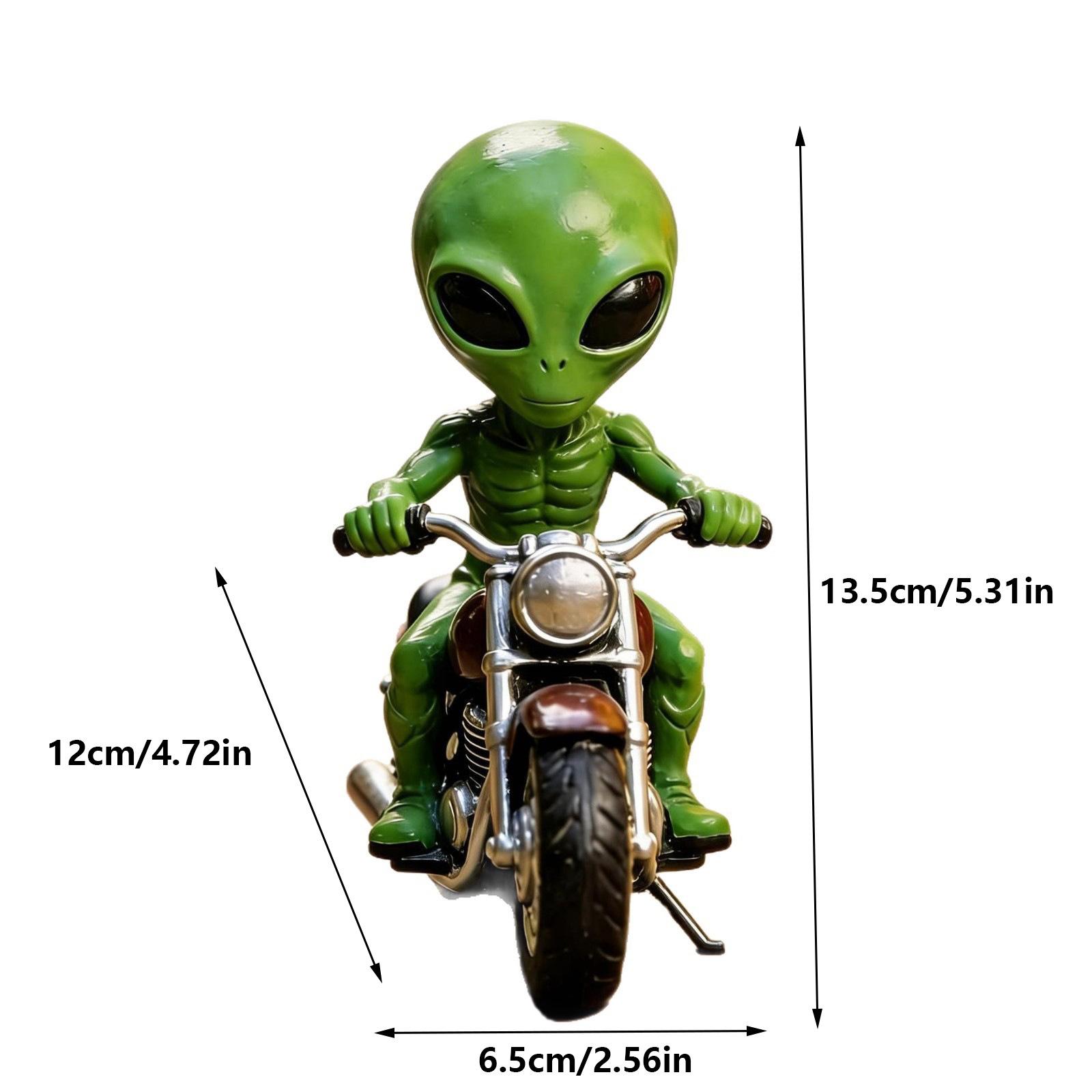 Funny alien riding a model statue, space decoration, for desktop or bookshelf display, ideal gift for sci-fi fans, cute alien design, ornament, funny home decor, art statue, sculptural tabletop decoration