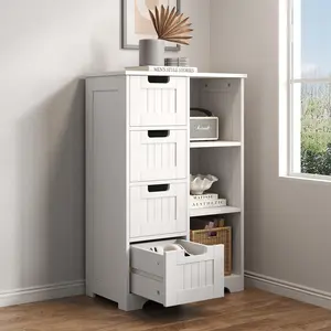 Wooden Bathroom Floor Cabinet – Side Storage Organizer with 4 Drawers, 1 Cupboard & 2 Shelves – White Freestanding Unit for Bathroom & Laundry Room