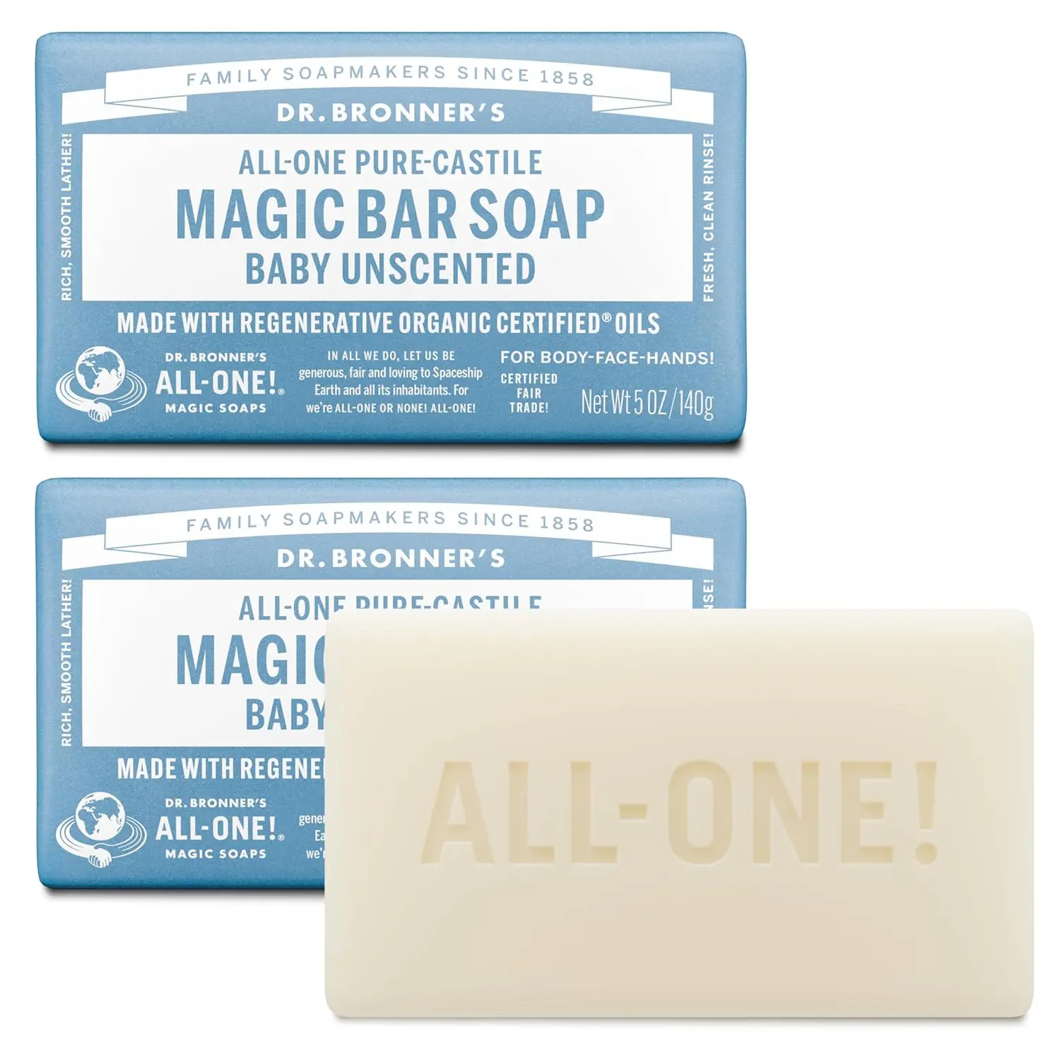 Dr. Bronner's - Pure-Castile Bar Soap (Baby Unscented, 5 ounce, 2-pack) - Made with Organic Oils, For Face, Body, Hair, Gentle for Sensitive Skin, Babies, No Added Fragrance, Biodegradable, Vegan
