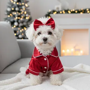 Cute Pet Pajama Set with Bow Headband Cozy Silk Pajamas for Teddy Bichon Pomeranian & Bulldog Soft Puppy Cat Sleepwear for Comfortable Nights Red