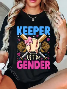 100% Cotton Unisex Keeper Of The Gender Baseball or Bows Gender Reveal Party T-Shirt Vingate Printed Casual Round Neck T shirt