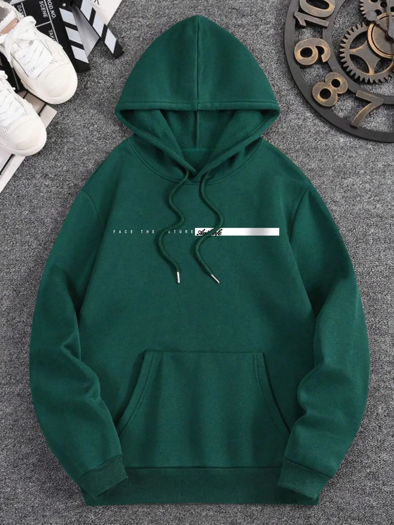 Men's Retro Graphic Hoodie - Stylish Streetwear Pullover Sweatshirt with "Face The Future" Slogan, Long Sleeve, Front Pocket, Drawstring, Machine Washable Polyester Menswear for Countdown, Suit, Casual