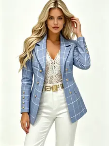 A women's fashionable blue toned waist cinched plaid suit jacket with a sharp lapel to enhance face shape, suitable for commuting to work, shopping and outdoor activities, indoor and outdoor dressing