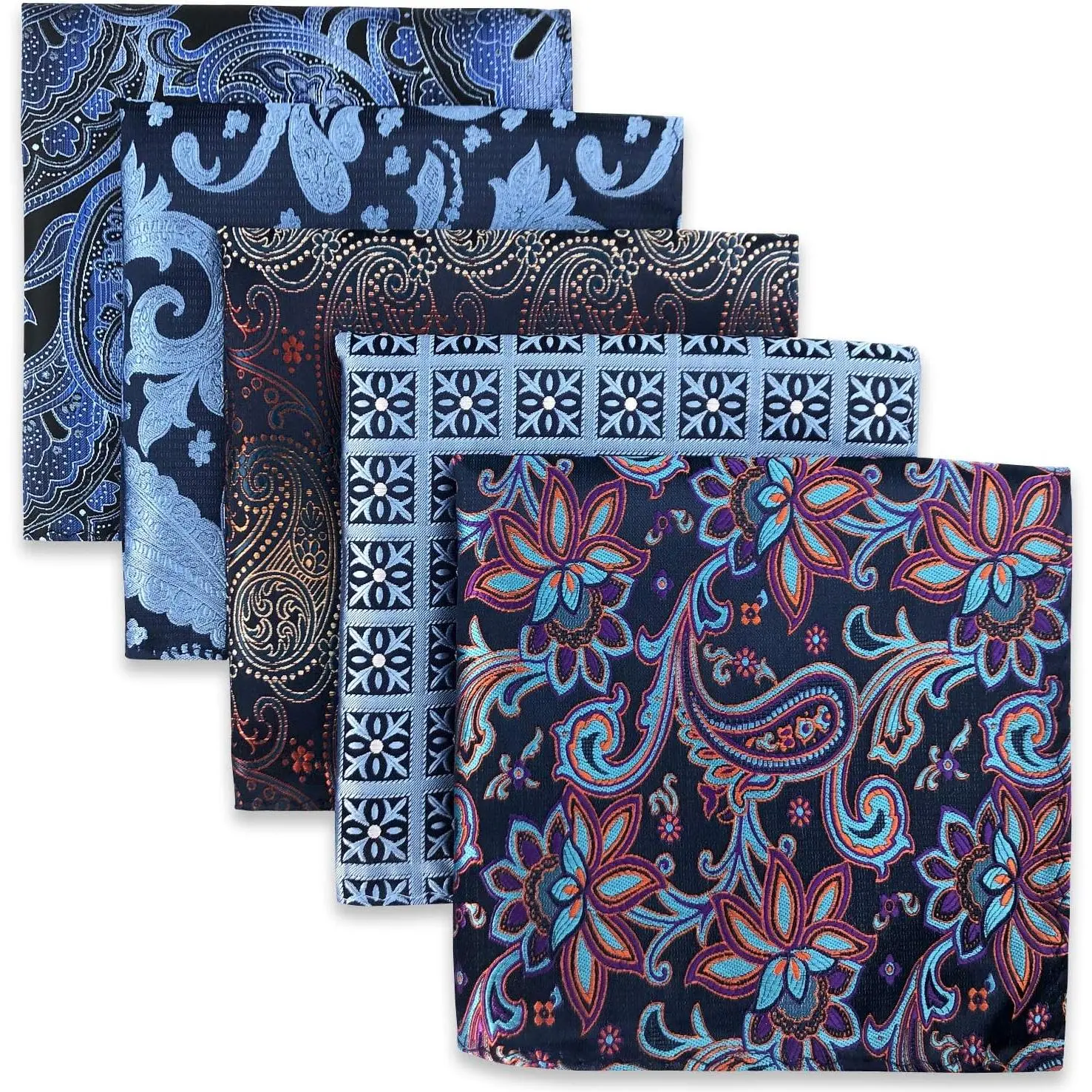 Men's Silk Pocket Square Set - 5-Count Assorted Handkerchiefs, Handmade Craft, 12.6x12.6", Male Wear, Gift for Adult Boyfriend