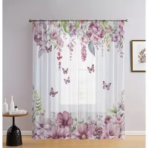 Open-Style 2-Piece Home Decor Sheer Curtains, Floral & Butterfly Design, Elegant Window Drapes for Kitchen, Cafe, Living Room, Dining Room, Balcony, Garden, Bedroom, Window Decorations Supplies, Sheer Printed Curtains