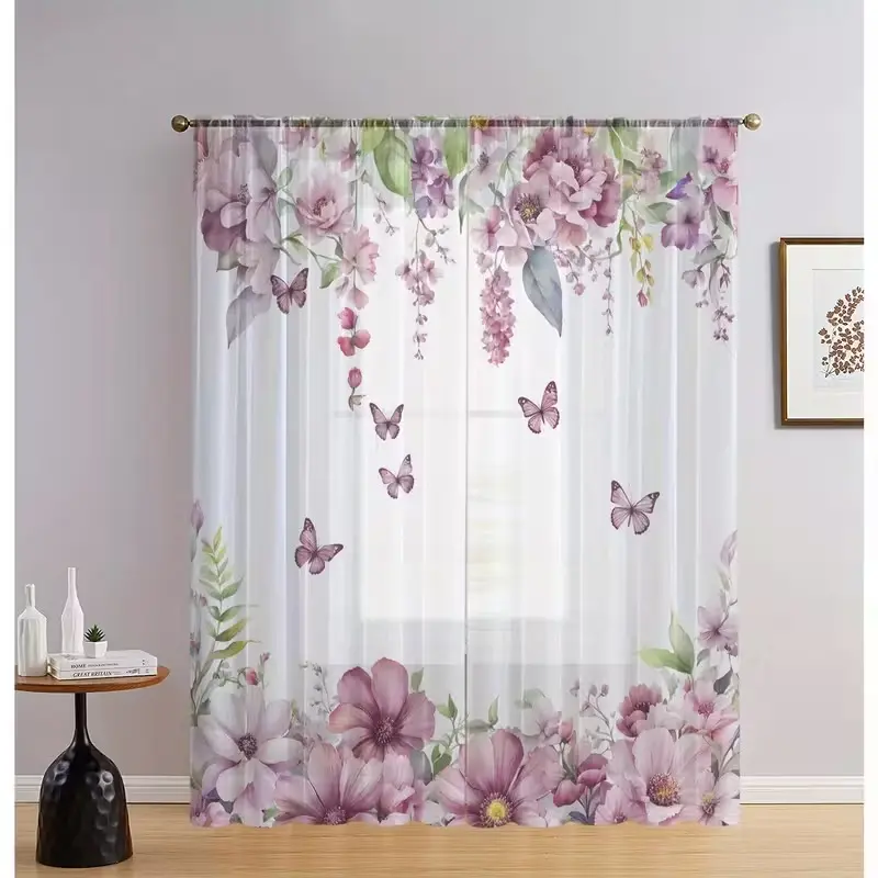 Open-Style 2-Piece Home Decor Sheer Curtains, Floral & Butterfly Design, Elegant Window Drapes for Kitchen, Cafe, Living Room, Dining Room, Balcony, Garden, Bedroom, Window Decorations Supplies, Sheer Printed Curtains, Home Decorative Curtain