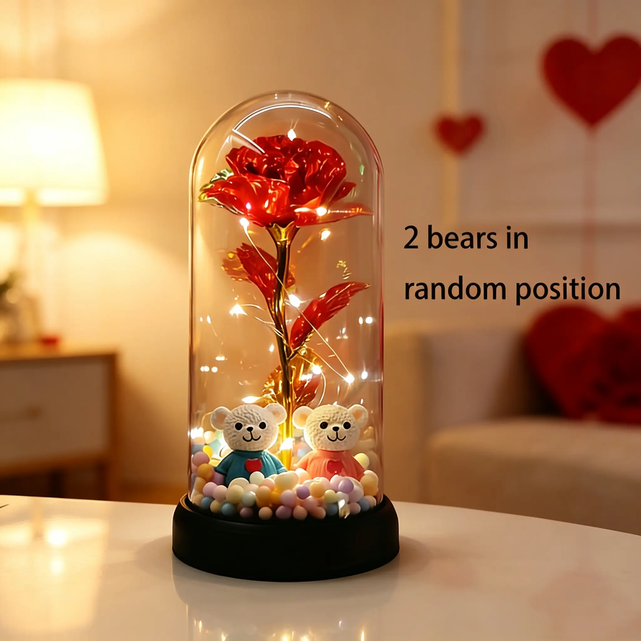Bear-Shaped Glowing Rose Night Light, 2 Random-Position Bears, Plastic Rose Cover, Camping & Hiking Lantern Accessory, Home Desktop Decor for Bedroom Study, Valentine's Day Gift
