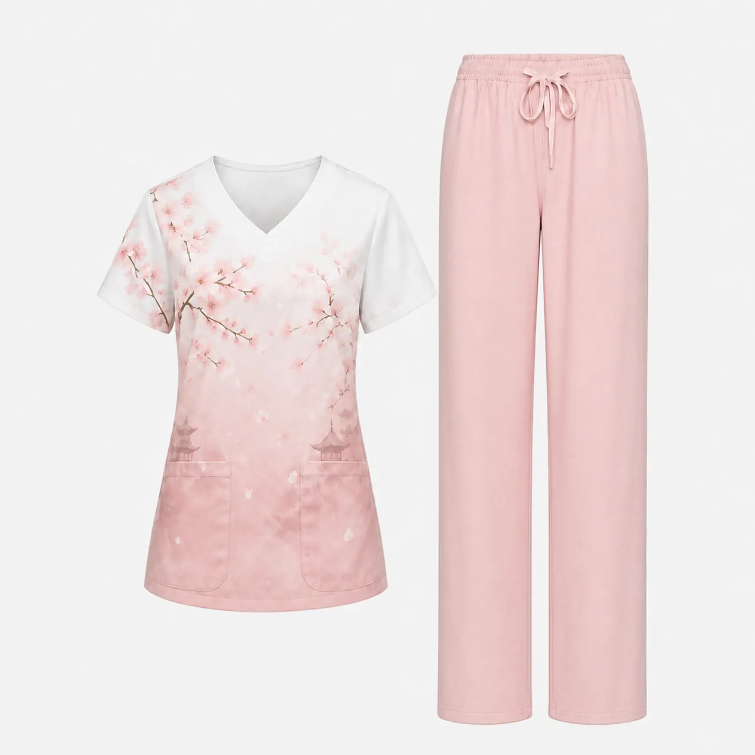 Women’s Nurse Uniform Set Pink Cherry Blossom Print – V-Neck Scrub Top With Matching Elastic Waist Drawstring Pants