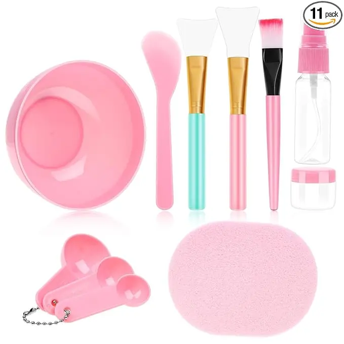 11 Pcs DIY Facial mask Mixing Tool Kit with Bowl Stick Spatula Silicone Brush Spray Bottle Puff Soaking Bottle Gauges (Pink)