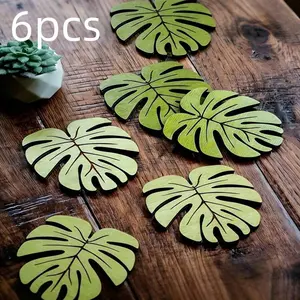 6-Piece Monstera Wood Cup Mat Set, Coasters, Heat Insulating, Non-Slip Table Mats, Kitchen Counter Protector, Fashion Home Decor, Aesthetic