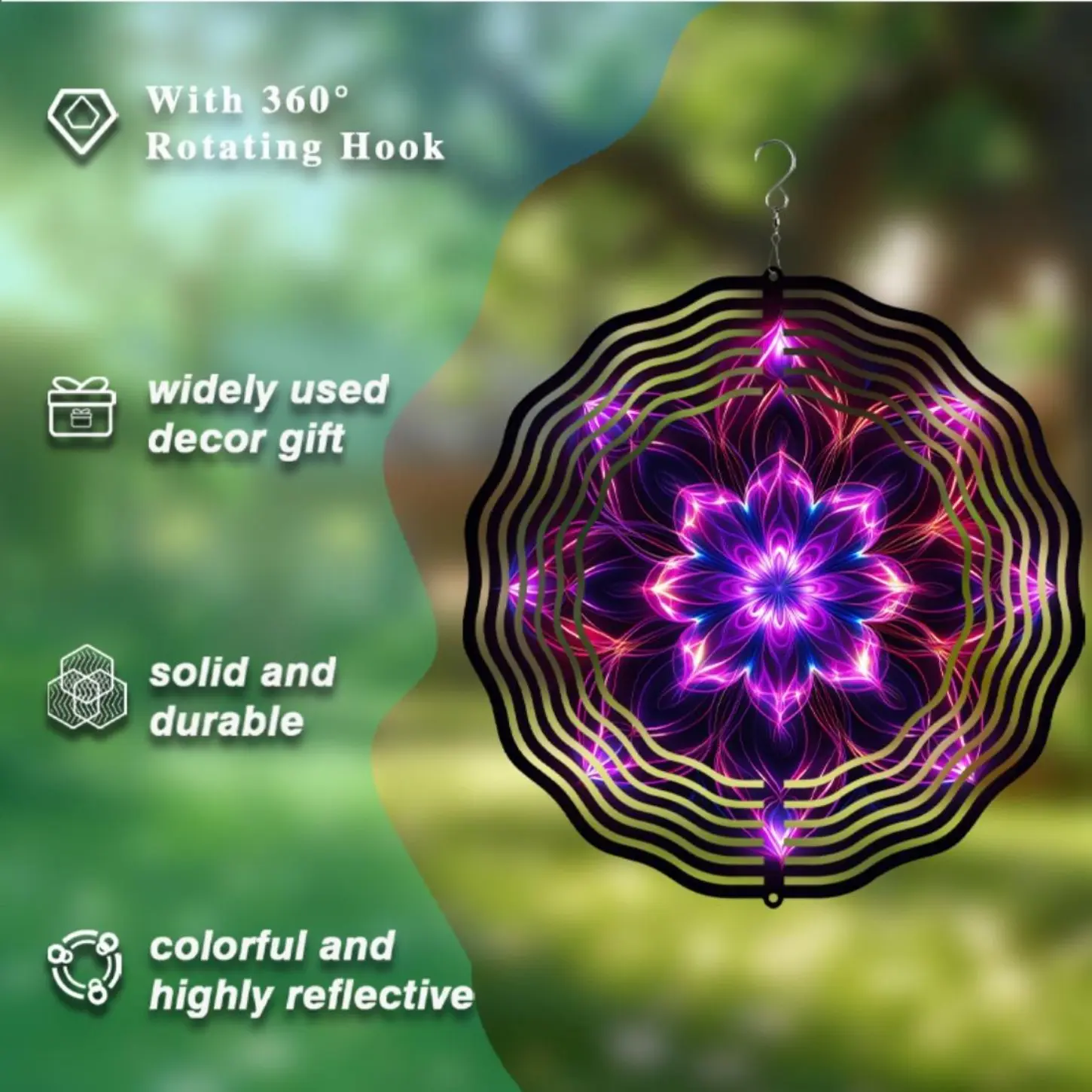 Reflective Metal Wind Spinner, 360° Kinetic Garden Decor with Rotation Hook, Outdoor Art for Home & Patio